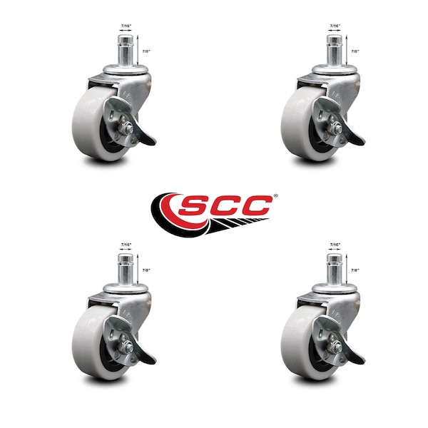 2 Inch Thermoplastic Wheel 7/8 Grip Ring Stem Caster Set with Brakes, 4PK
